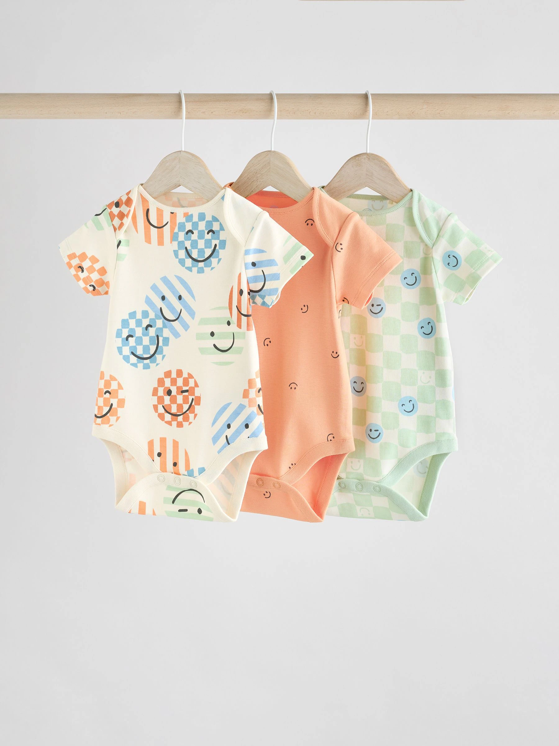 Blauw/wit/oranje vrolijk gezicht - Set van 3 babyrompertjes met korte mouwen