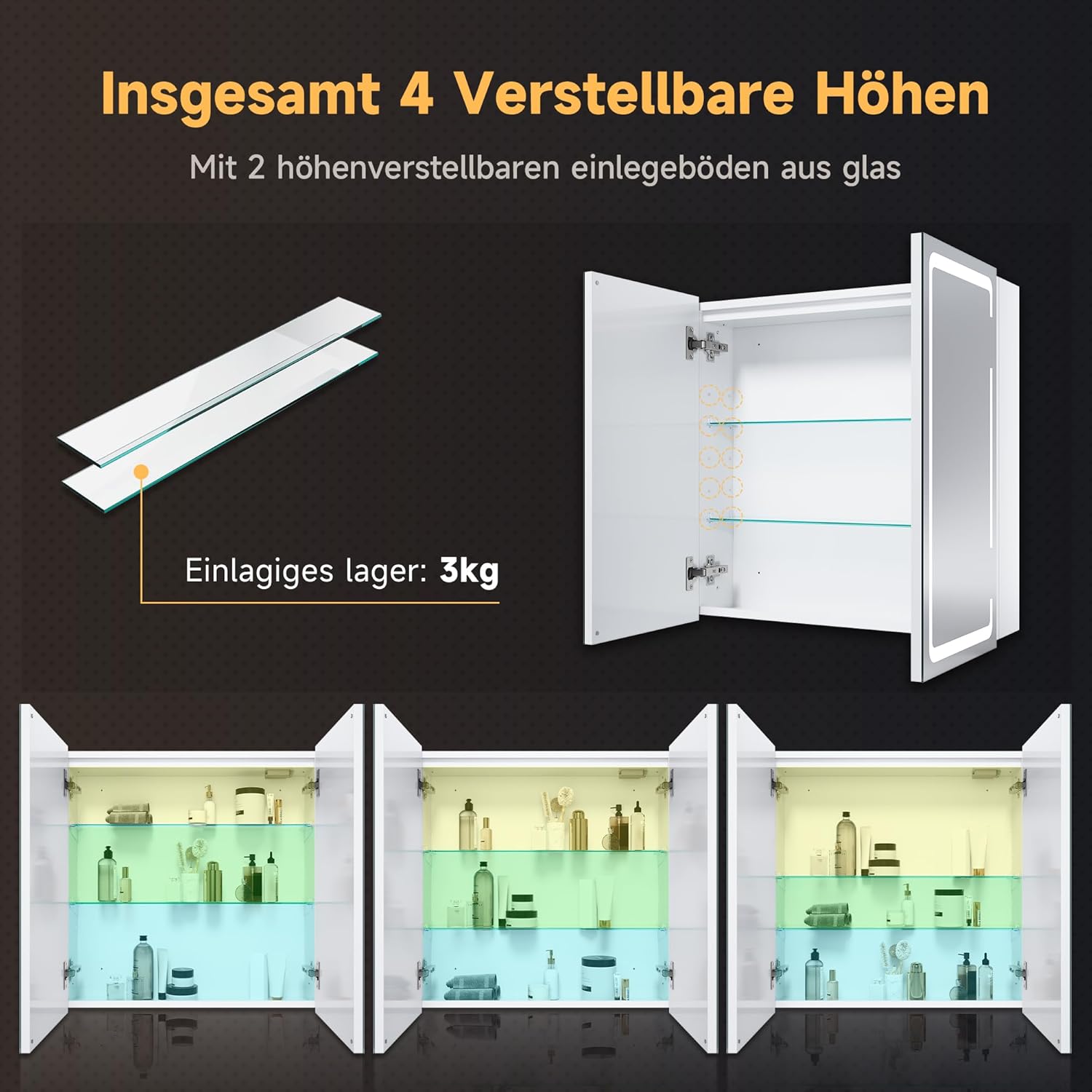 SONNI LED Spiegelschrank 3 Lichtfarbe Einstellbarn, Spiegelschrank Bad mit Beleuchtung und Beschlagfrei LED Badezimmerschrank mit Kabelloses Scharnier Design Medizinschrank 59 x 60 cm