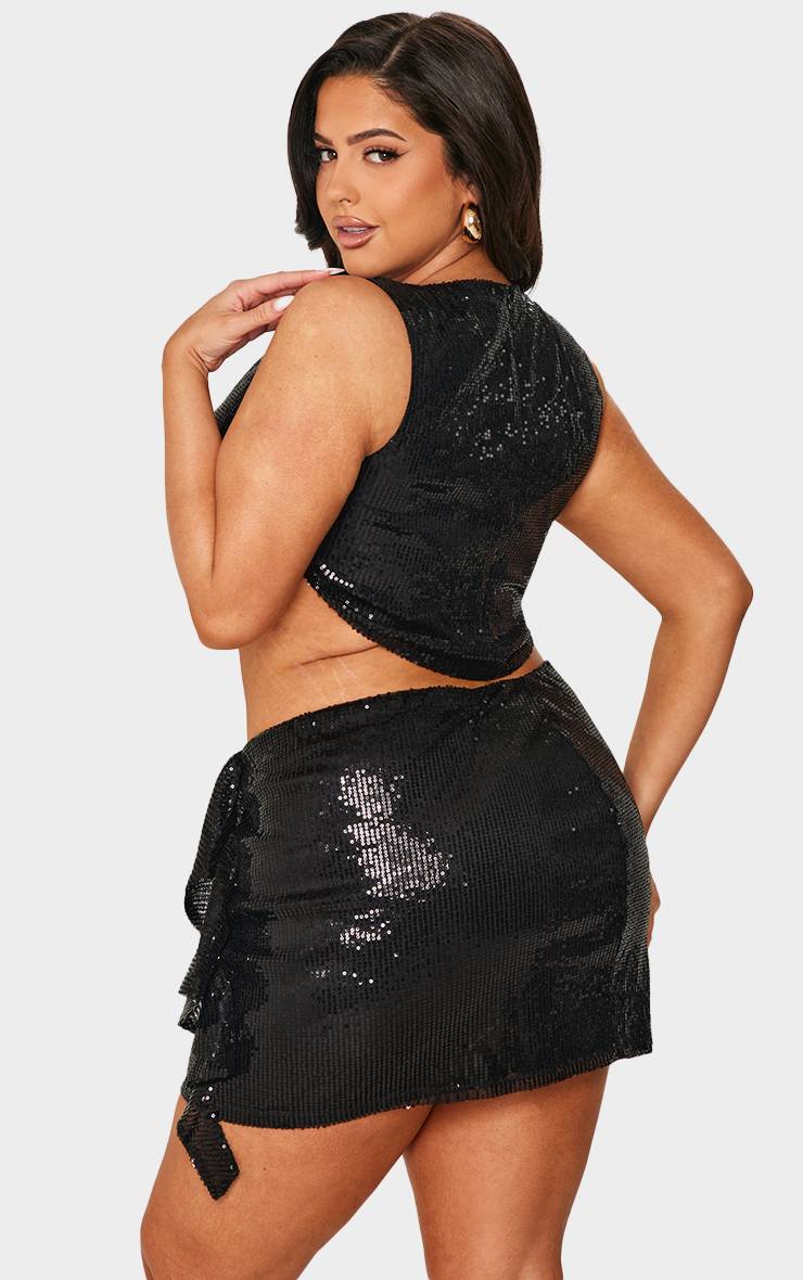 Noir Haut Court Grande Taille À Ourlet Asymétrique Et Sequins