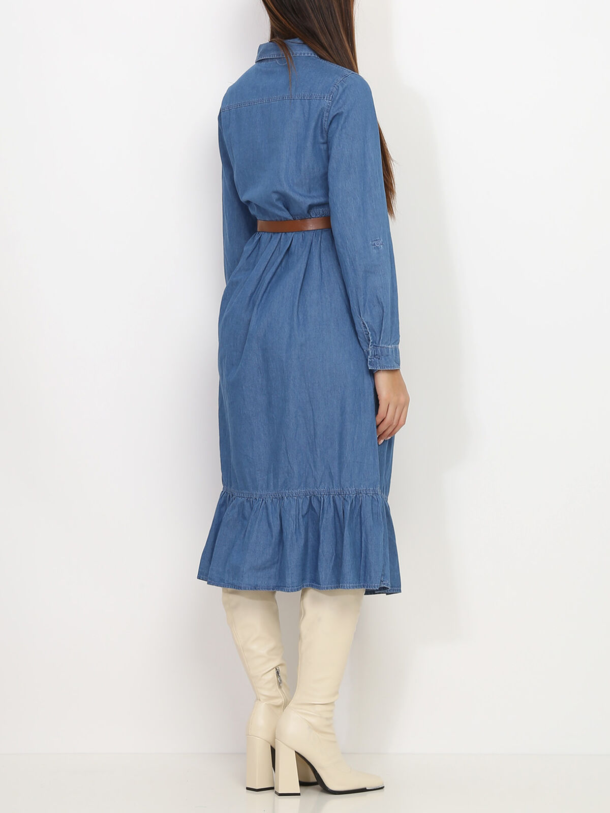 Robe mi-longue effet denim avec ceinture- Bleu