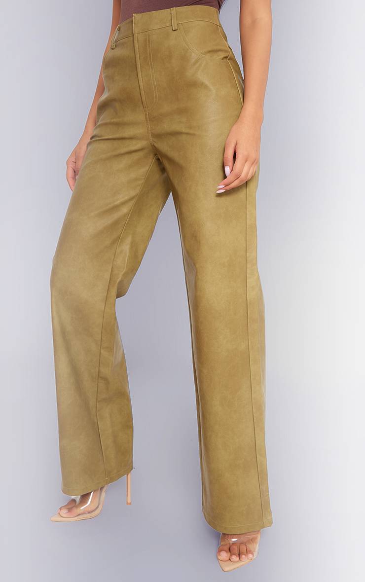 Vert Olive Pantalon Droit Premium En Synthétiquecuir Lavé