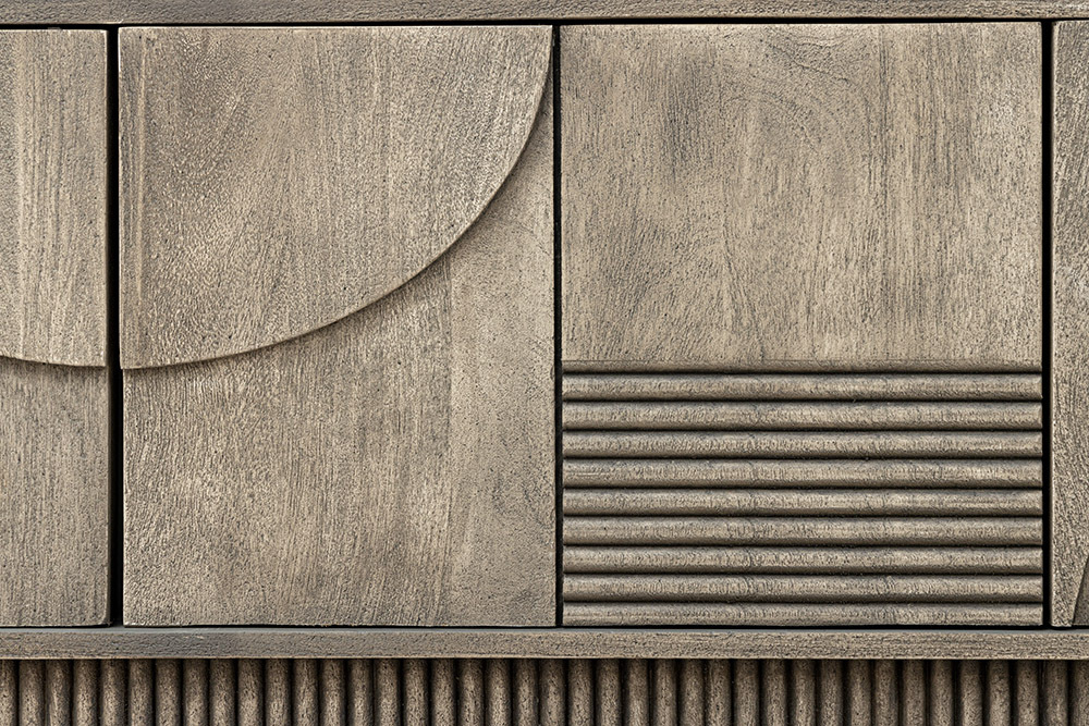 Massivholz TV-Lowboard ART DECO 200cm grau smoked Mangoholz 3D-Front