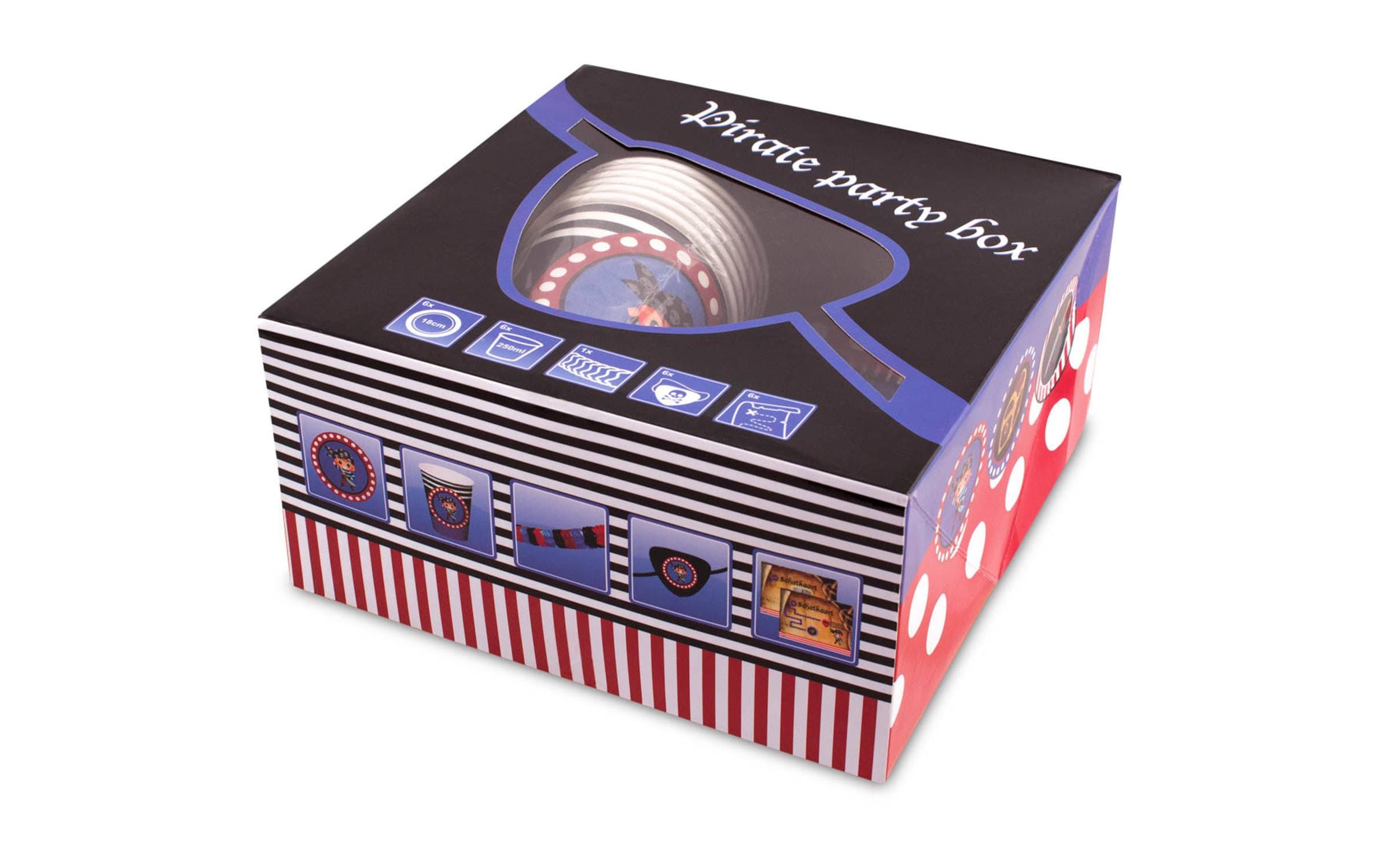 Partyset Pirat 5-teilig, blau/rotPartypaket mit Teller, Becher, Girlande, Augenklappe und Schatzkarte