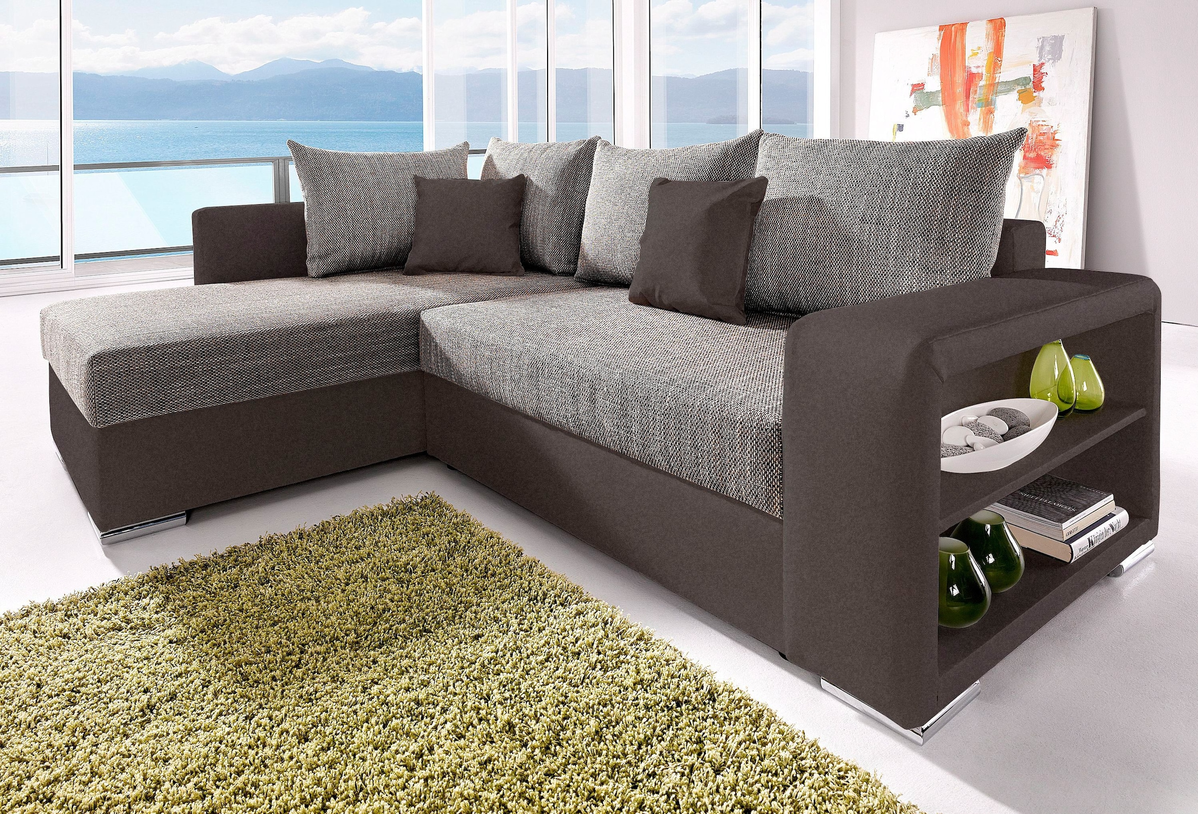COLLECTION AB Ecksofa »John L-Form« Regalarmlehne,Bettfunktion,Bettkasten,Ottomane beiseitig montierbar