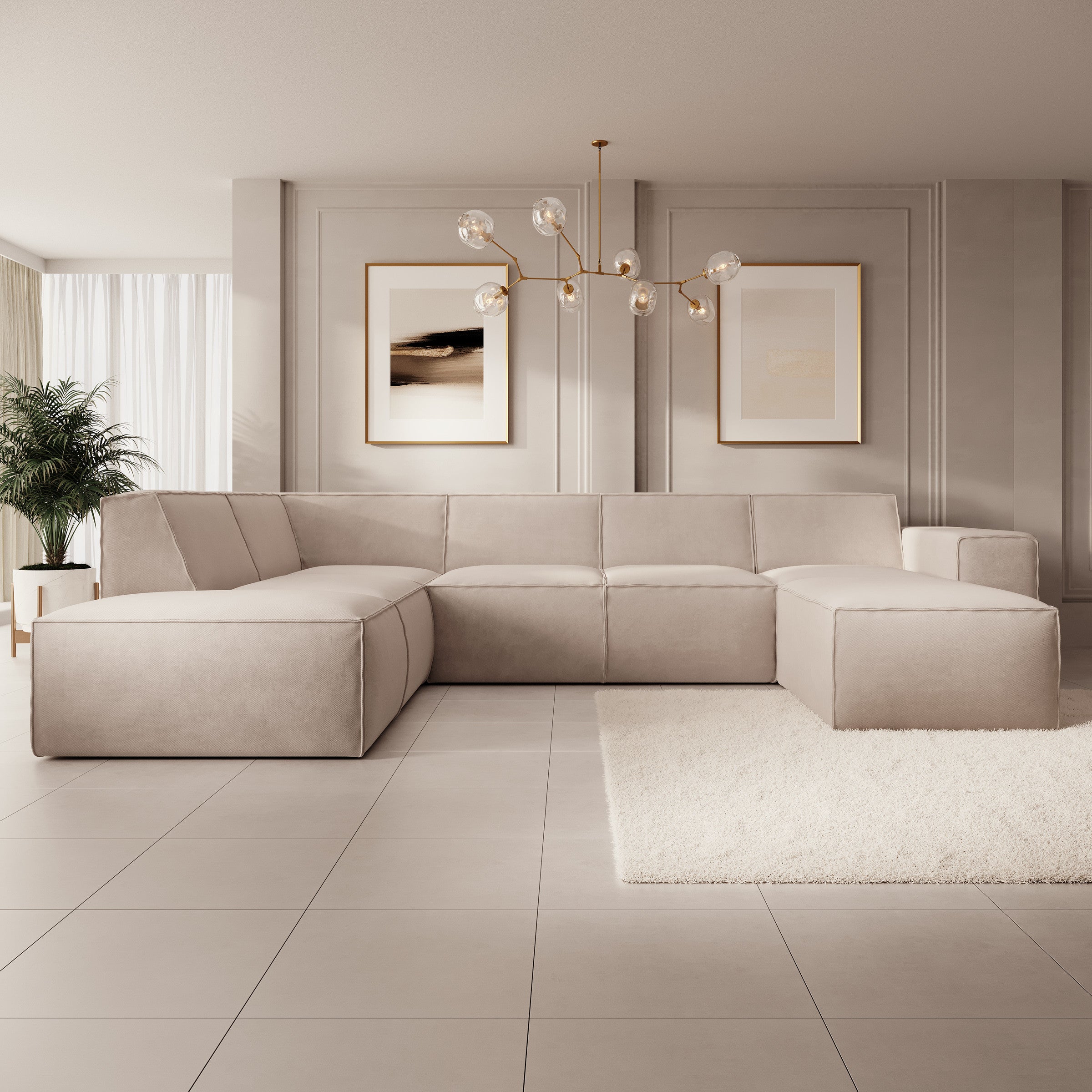 Monet XL - Hoekbank 5-zits met chaise longue - Stof beige - Rechts - 334x216x79 cm