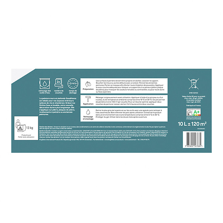 Peinture murs et plafonds GoodHome blanc satin 10L
