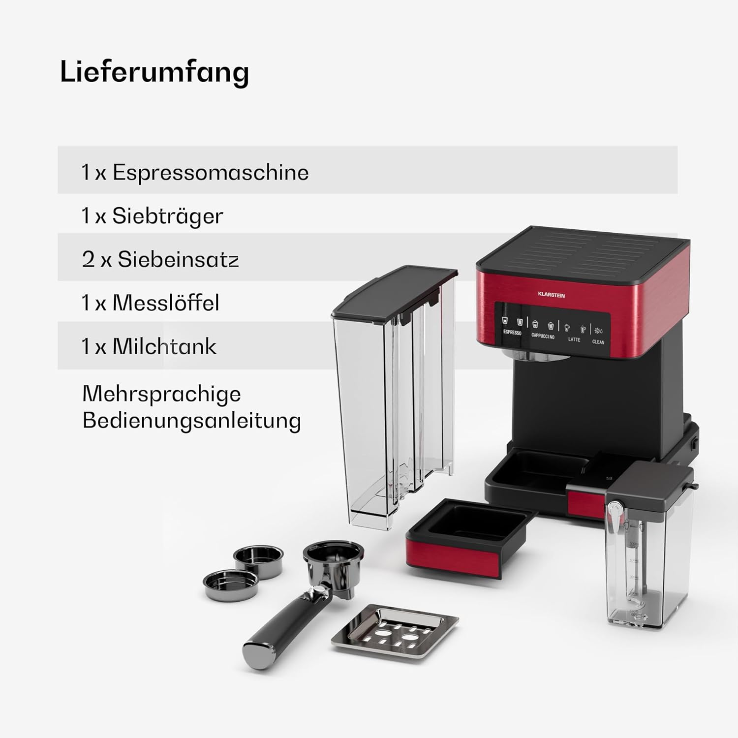 Klarstein Arabica Comfort Siebträgermaschine – 20-Bar, 1350W, Mit Milchaufschäumer, Für Gemahlenen Kaffee & Pads, 1,8L Wassertank, Touch-Bedienfeld, Abnehmbarer Milchtank, Aufschäumdüse aus Edelstahl