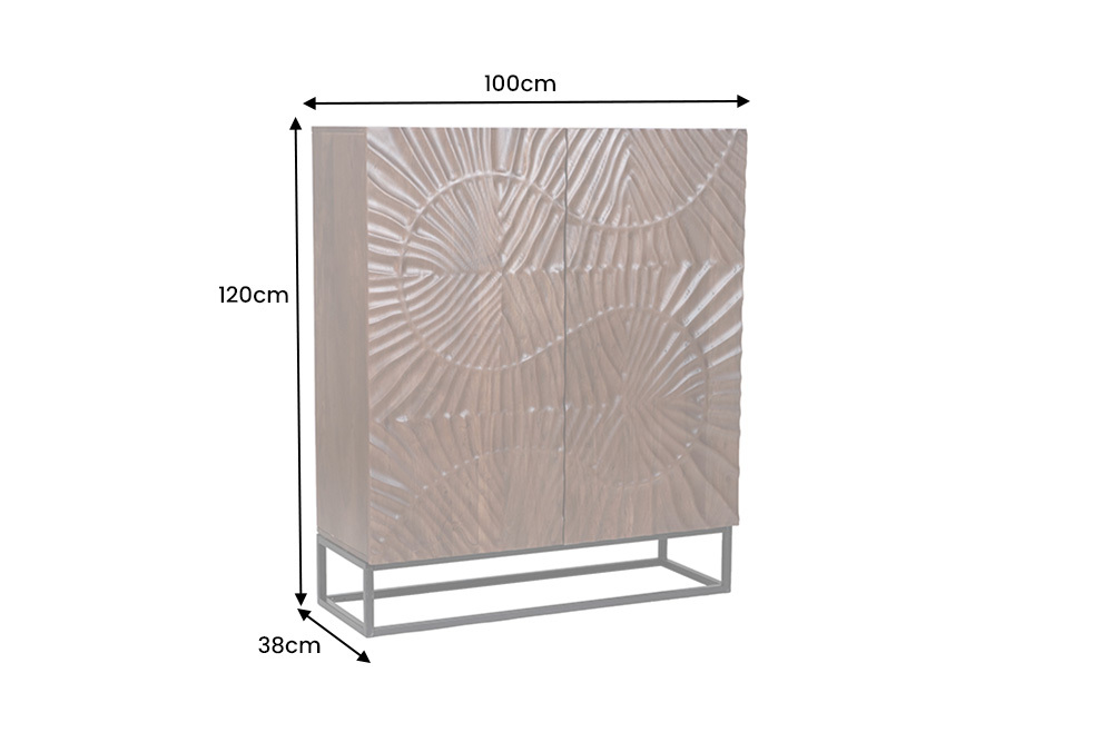 Massives Highboard SCORPION 120cm dunkelbraun Akazie mit 3D Schnitzereien schwarz Metall