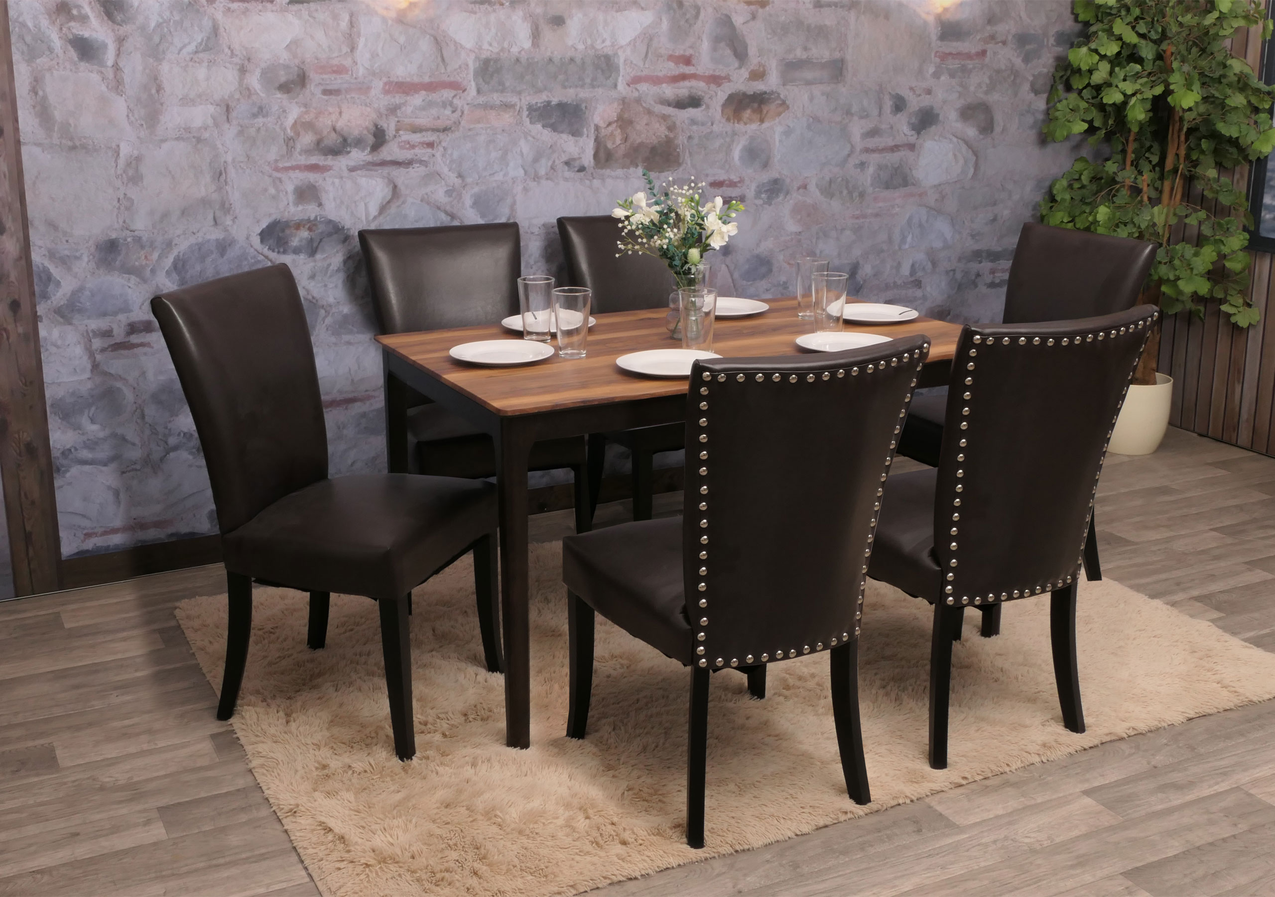 6er-Set Esszimmerstuhl Chesterfield Edinburgh, Stuhl Küchenstuhl, Nieten MVG-zertifiziert ~ Kunstleder, braun, helle Beine