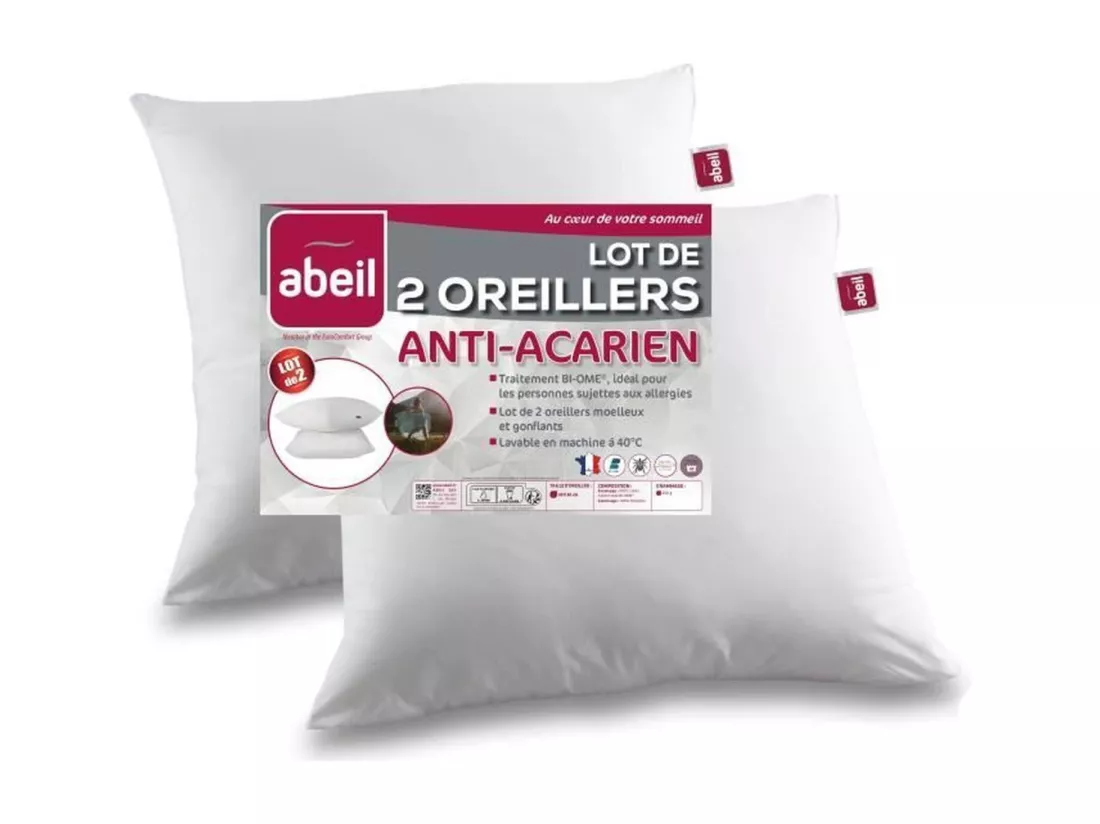 Lot de 2 oreillers anti-acariens - 60 x 60 cm - 100% coton traite Bio - ABEIL