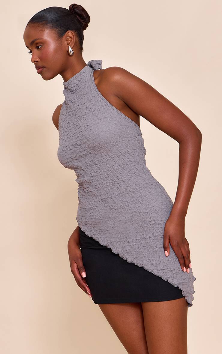Gris Top Long Texturé À Col Montant Avec Ourlet Asymétrique