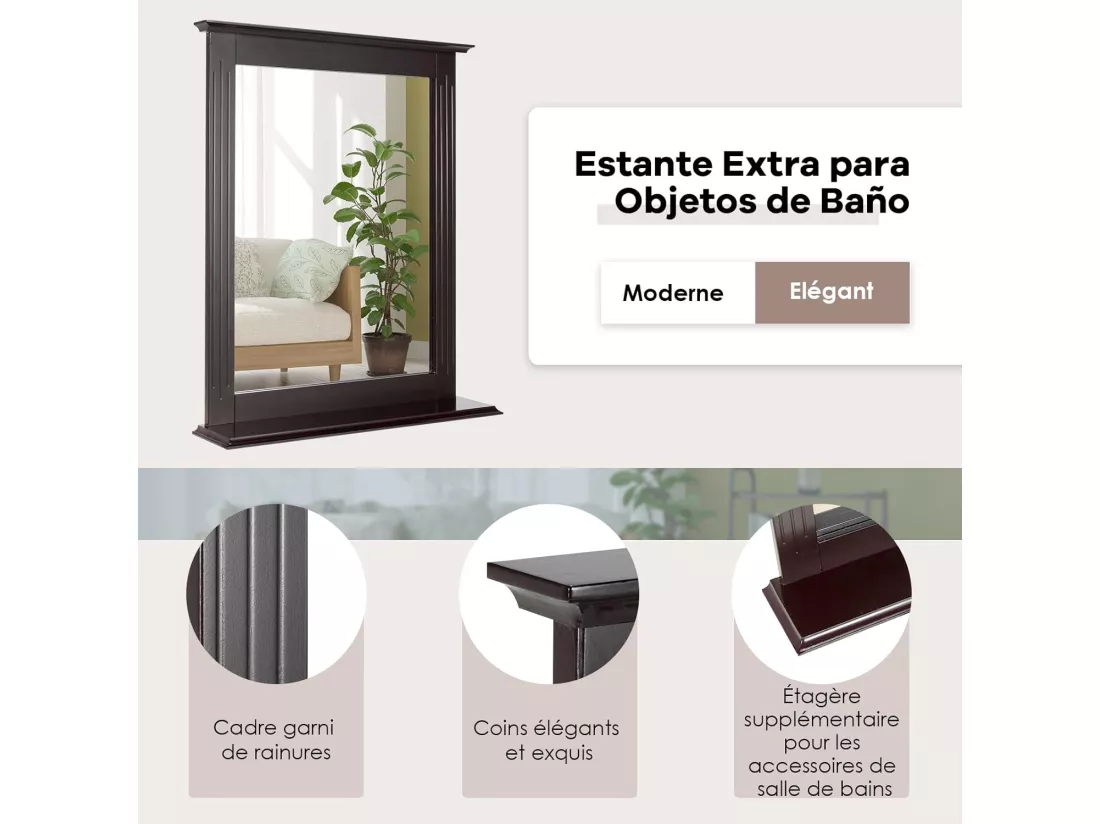 Miroir mural salle de bain avec tablette de rangement, 57 x 12 x 68cm (marron)