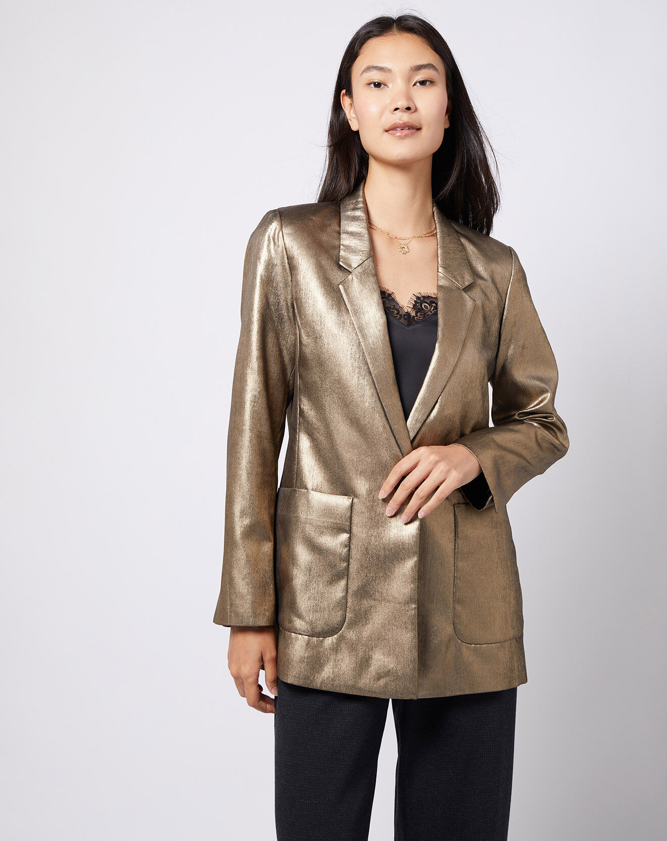 Esprit Veste blazer enduit métallisé coupe droite bronze