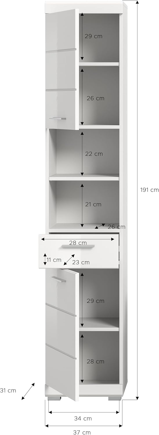 xonox.home Bad Scout X06A9711 Hochschrank Stauraumschrank Wandschrank in weiß Nachbildung und weiß Hochglanz tiefzieh, ca. B/H/T: 37x191x31 cm