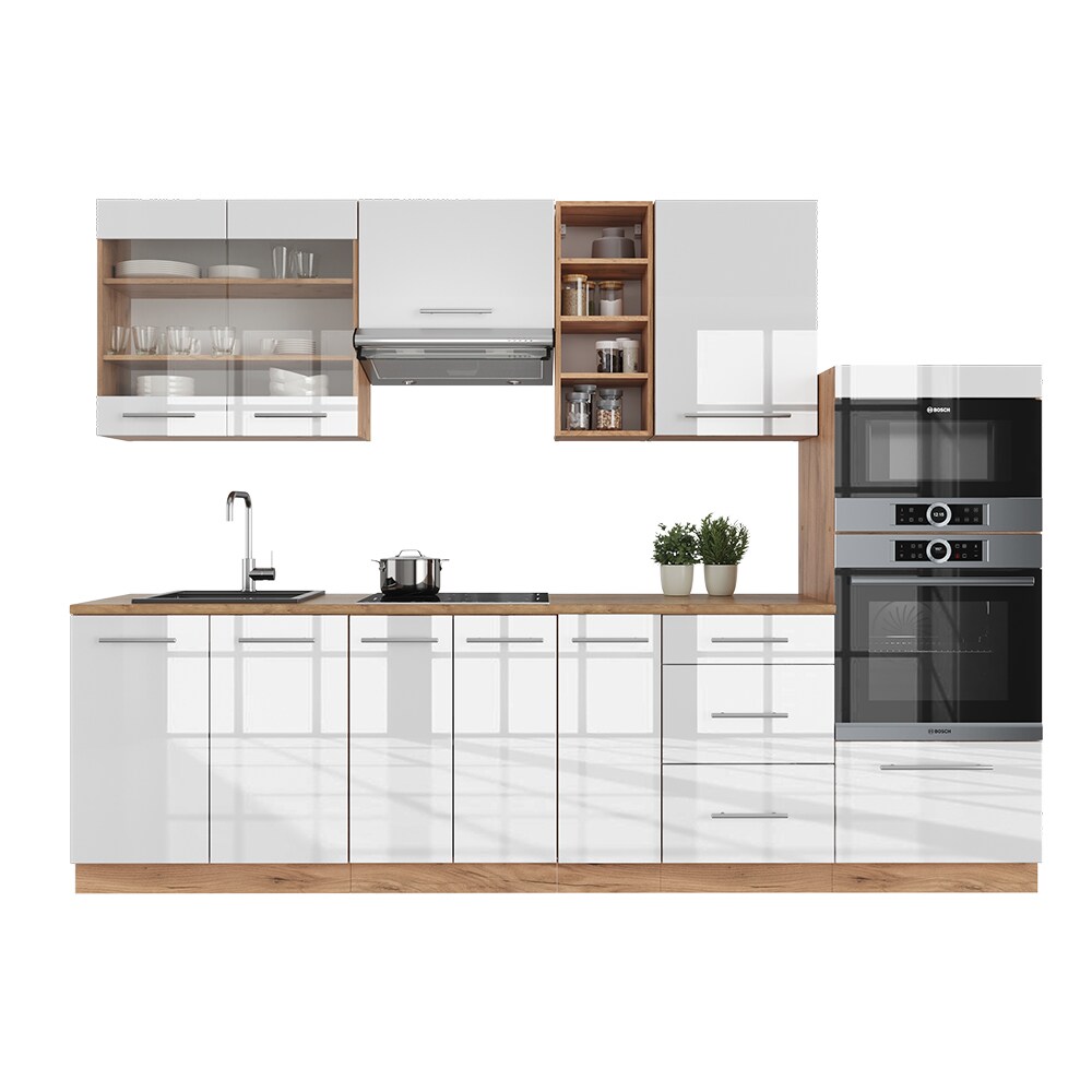 Vicco Küchenzeile Küchenblock Einbauküche Fame-Line Eiche Weiß 280 cm modern Spülenunterschrank Unterschrank Schubunterschrank Hängeschrank Mikrowellenschrank Apothekerunterschrank