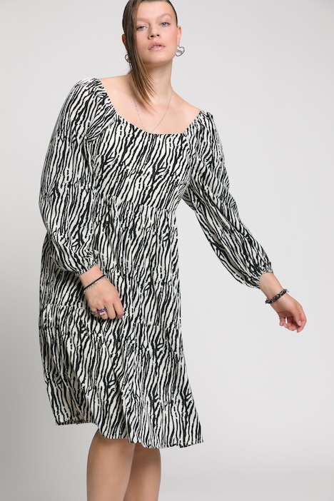 Zebra-Kleid, A-Line, Carree-Ausschnitt, Langarm, Jersey-Unterkleid