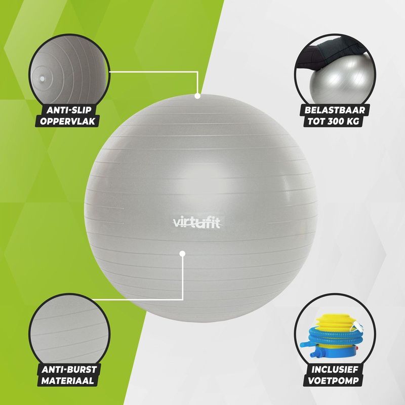 Yoga bal - VirtuFit Anti-Burst Fitnessbal Pro - Pilates bal - met voetpomp - Grijs - 45 cm