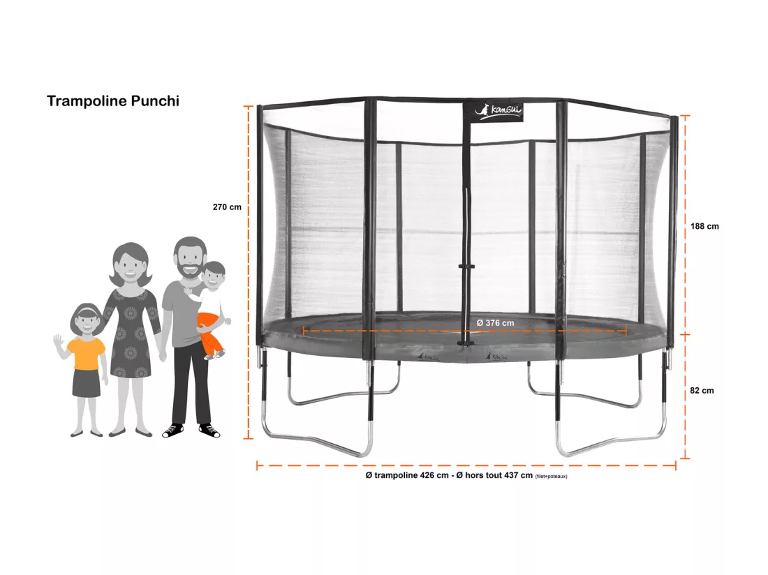 Kangui - Trampoline de jardin 426 cm + filet de sécurité + échelle + kit d'ancrage JUMPI Vert/Noir 430