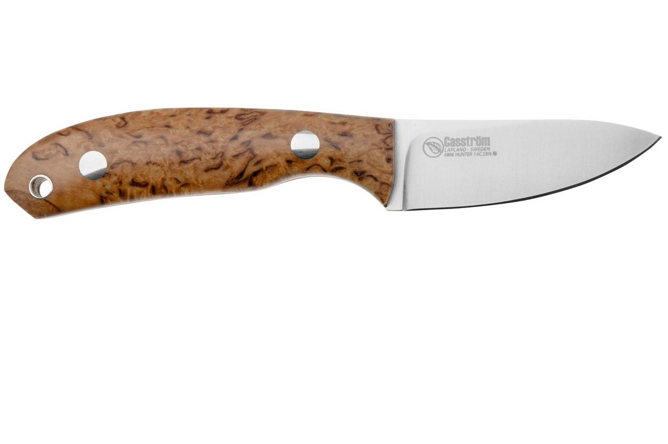 Casström Safari Mini Hunter 11618, Stabilised Curly Birch Kydex, vaststaand mes, Alan Wood design
