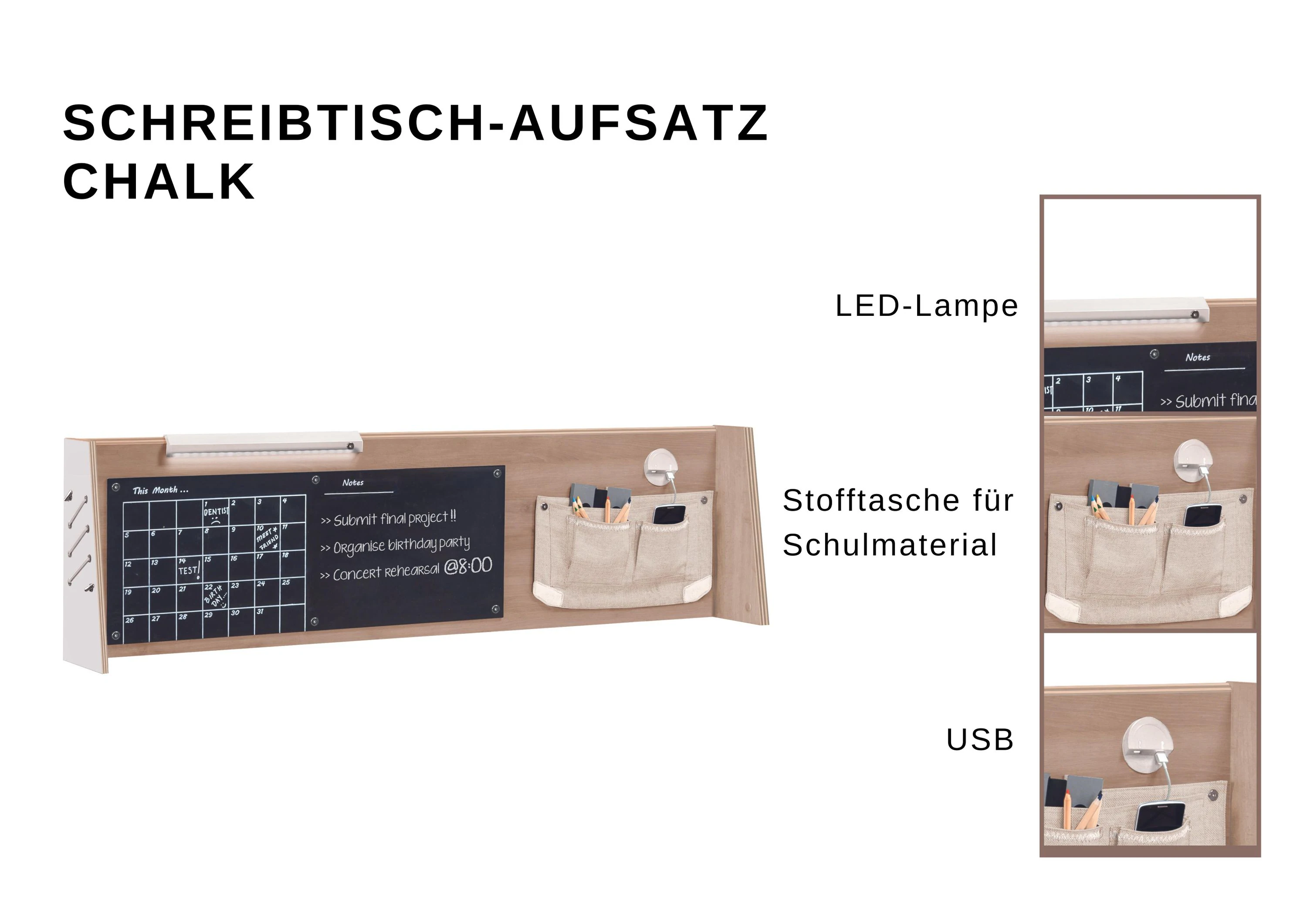 Schreibtisch-Aufsatz mit USB Anschluss, Kreidetafel, Leselampe und Stofftasche für Schulmaterial