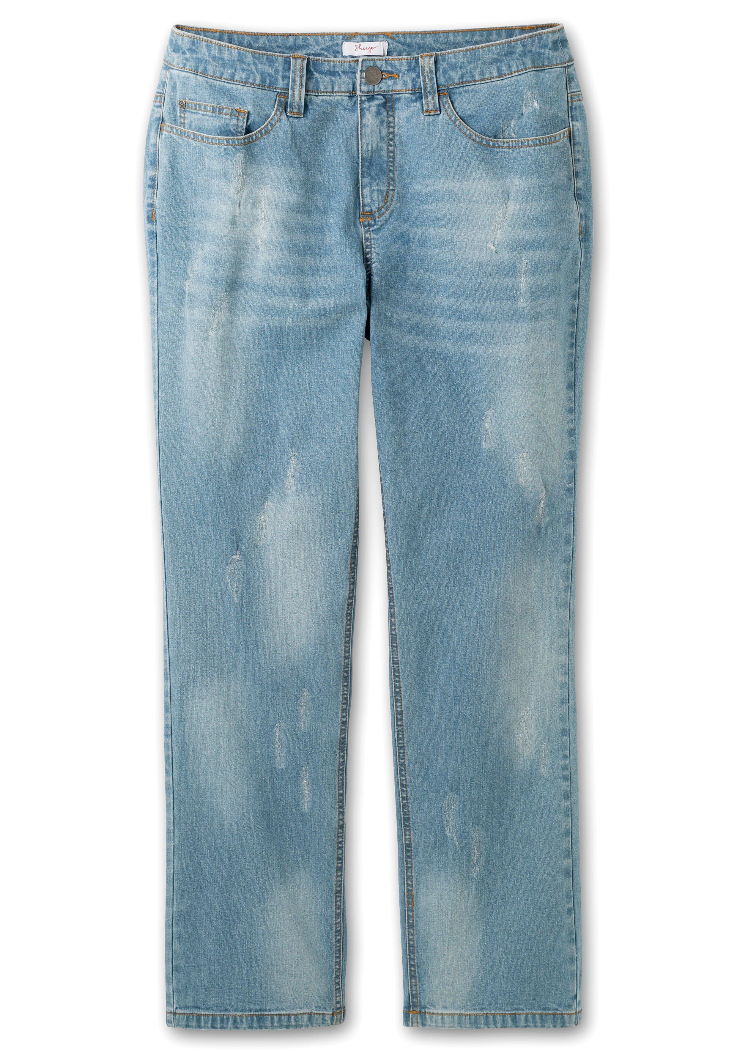Gerade Jeans mit Destroyed-Effekten und Catfaces