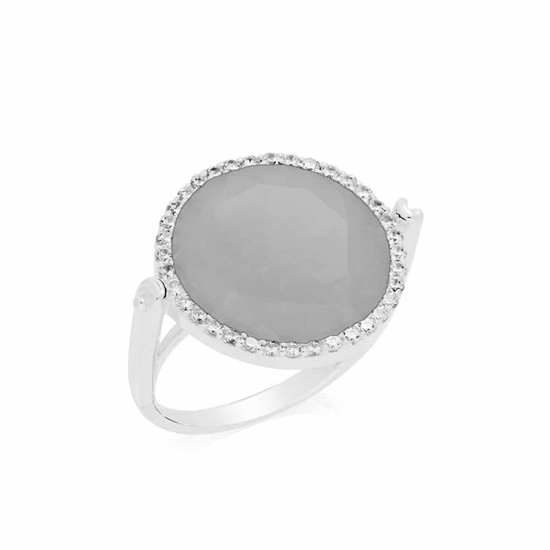 Bague Disque Argent Rhodiée Disque Serti Gris