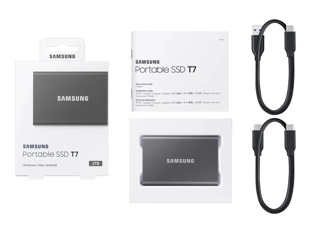 Samsung T7 MU-PC2T0T - SSD - krypteret - 2 TB - ekstern (bærbar) - USB 3.2 Gen 2 (USB-C stikforbindelse) - 256-bit AES - titan grå