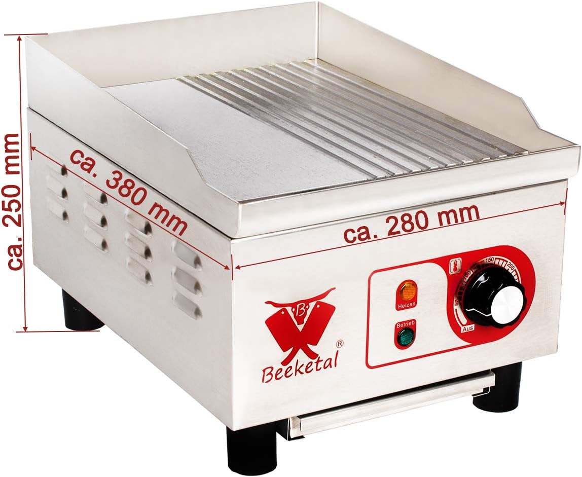 Beeketal 'BHGP-5' Profi Gastro Gusseisen Grillplatte elektrisch mit ca. 270 x 320 mm Grillfläche (glatt & gerillt), stufenlos 50-300 °C (1800W), Elektrogrill mit Spritzschutz und Fett Behälter