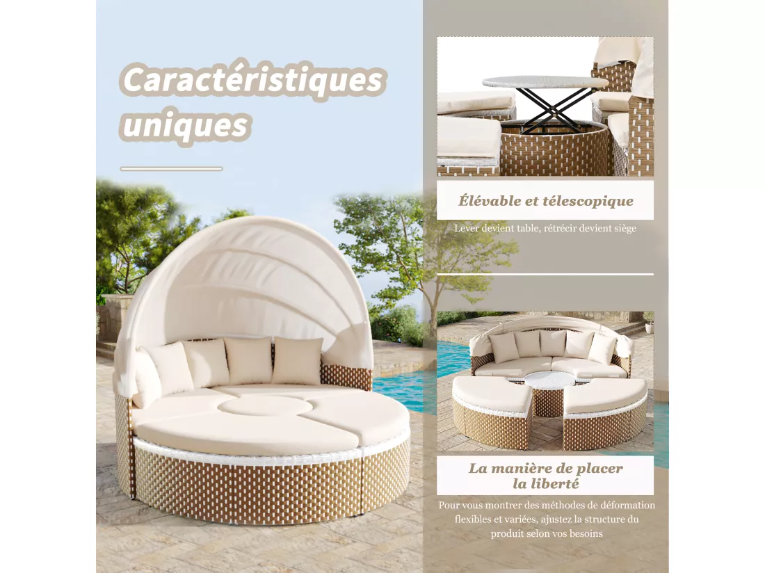 Ensemble de chaises longues de jardin, Sun Island, ensemble table et chaises de jardin, auvent extensible, plateau de table relevable, beige