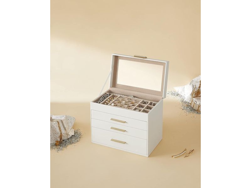 Songmics Schmuckschatulle mit Glasdeckel Weiss Schmuckkasten