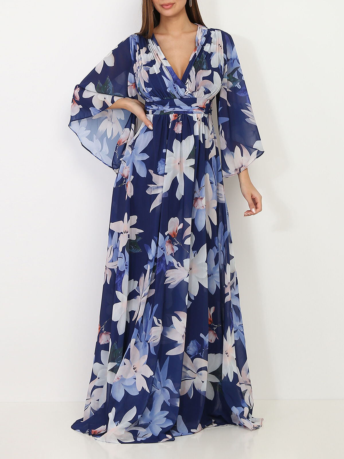 Robe longue plissée à fleurs- Bleu marine