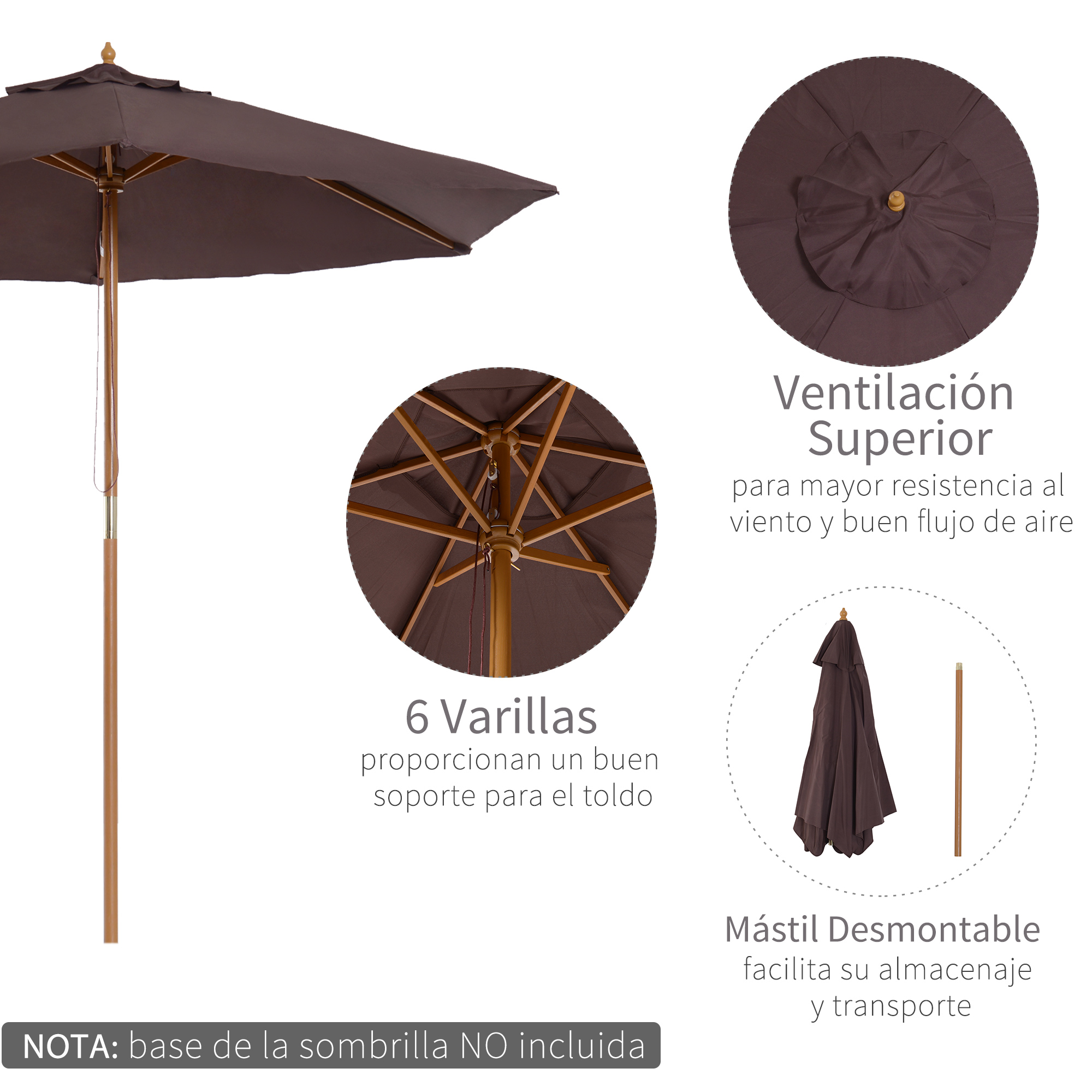 Guarda-sol de jardim Outsunny Ø250x230 cm em madeira com 6 varetas e sistema de corda para varanda, pátio e café.