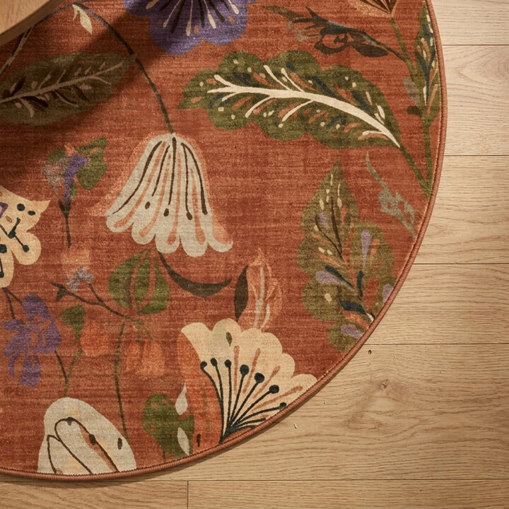 Rond wasbaar vloerkleed - Misty Flowers Terracotta | Wasbaar