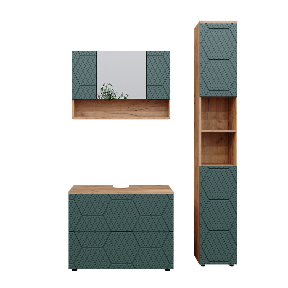 Vicco Badmöbel-Set Irma Eiche Grün 3-teilig Hochschrank Waschbeckenschrank 80 cm