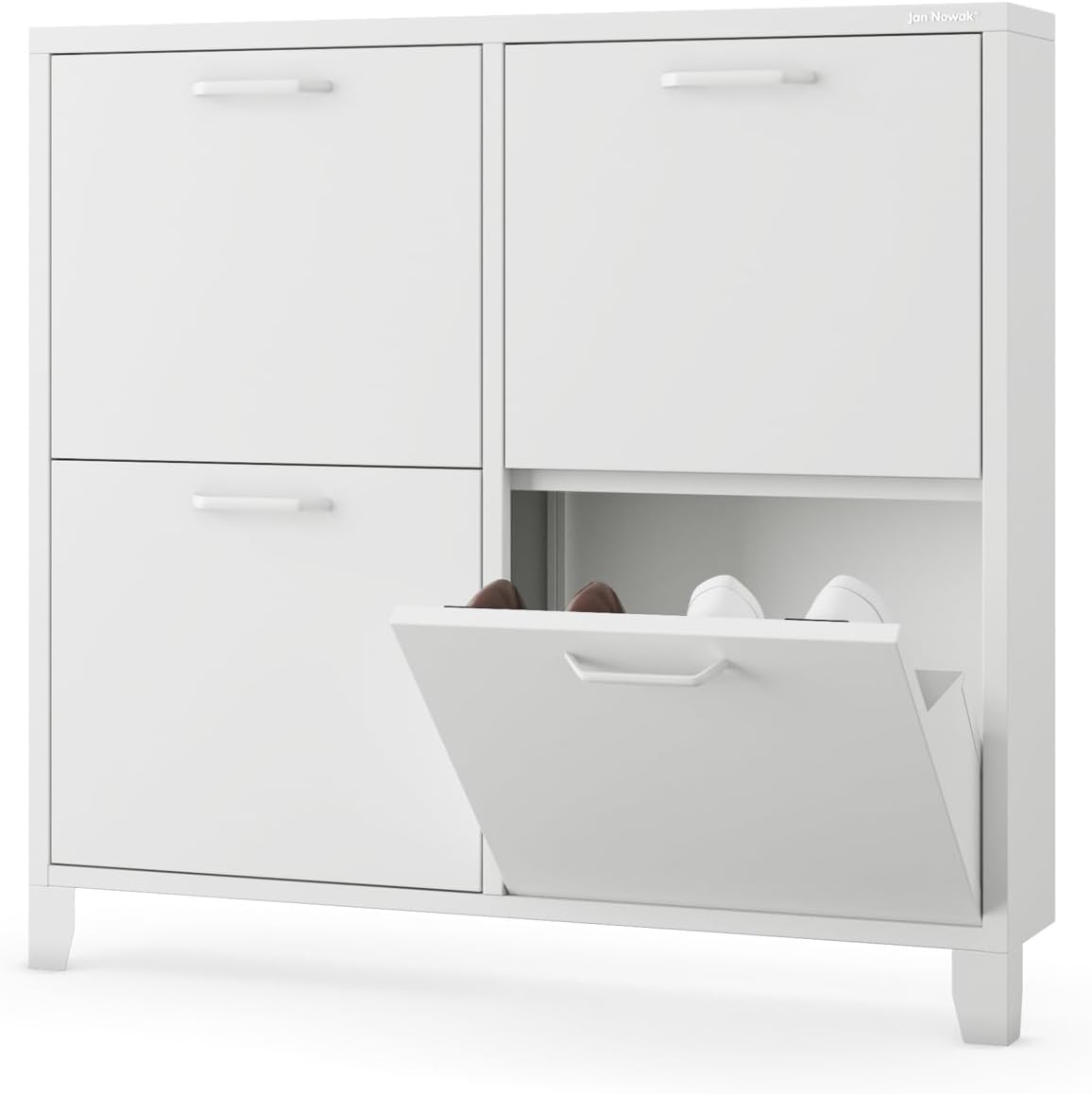 Jan Nowak Schuhschrank Schmal Weiß mit 4 Klappen 96 x 90 x 17 cm - Schuhkipper Metall Ideal Für Kleine Räume, Wandmontage - Schuhregal Geschlossen, Schuhe Schrank (Shirley)