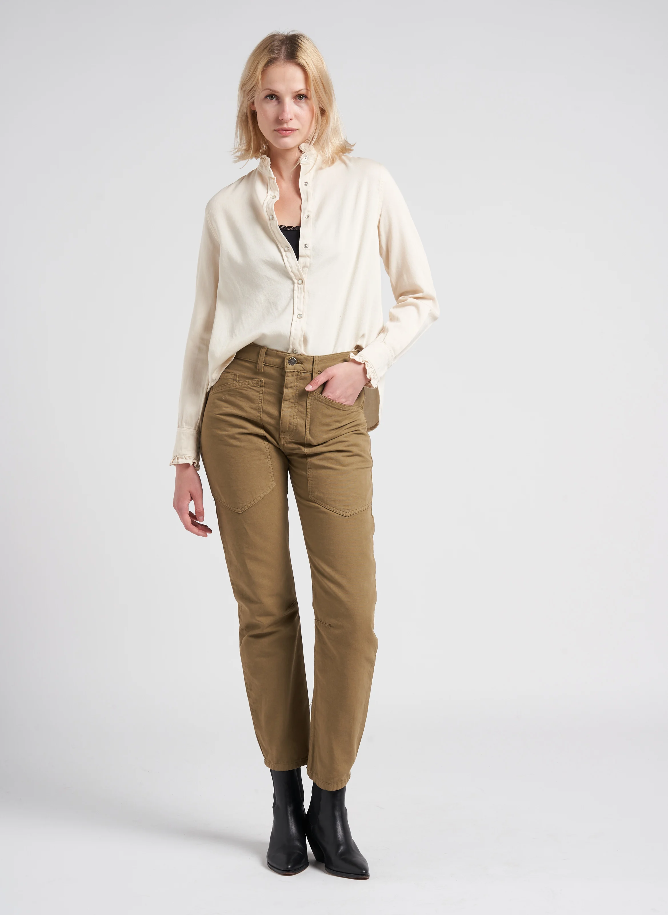 SEAN - Jean droit taille haute en coton | Kaki