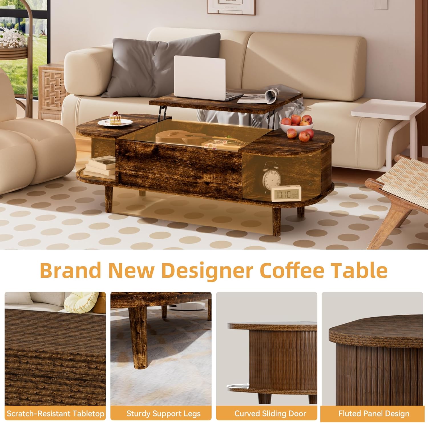 Couchtisch mit Hebeplatte – Moderner Holztisch mit Einzigartiger Textur & Verstecktem Stauraum, Kaffeetisch für Wohnzimmer, Schlafzimmer, Kleine Räume, Home Office