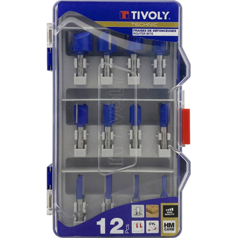 Fraises de défonceuse à rainurer Tivoly Technic Ø 5 à 25 mm, lame carbure, queue Ø 8 mm - Coffret de 12
