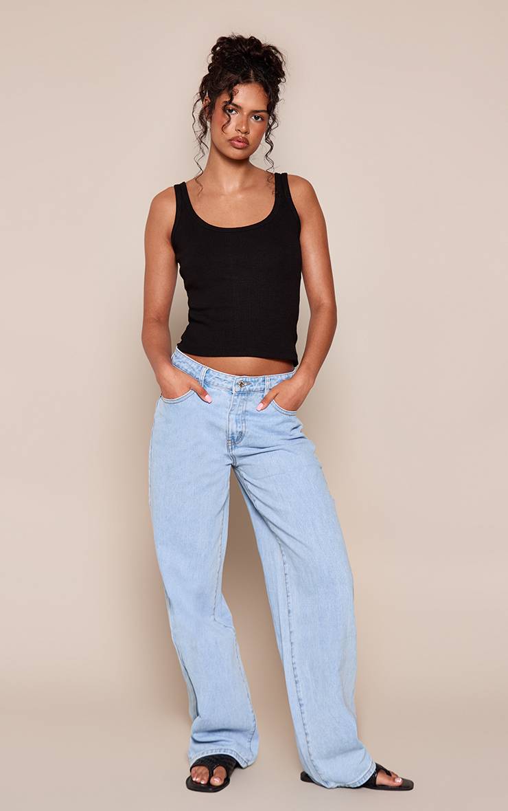 Bleu Clair Jean Droit Taille Mi-haute