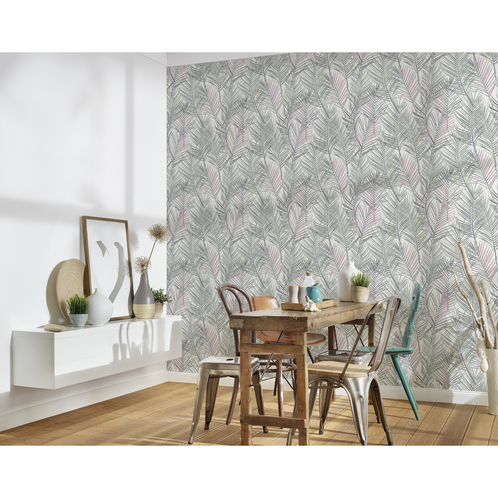 Vliestapete FLORAL - grau-grün - Palmenblätter - 10 Meter