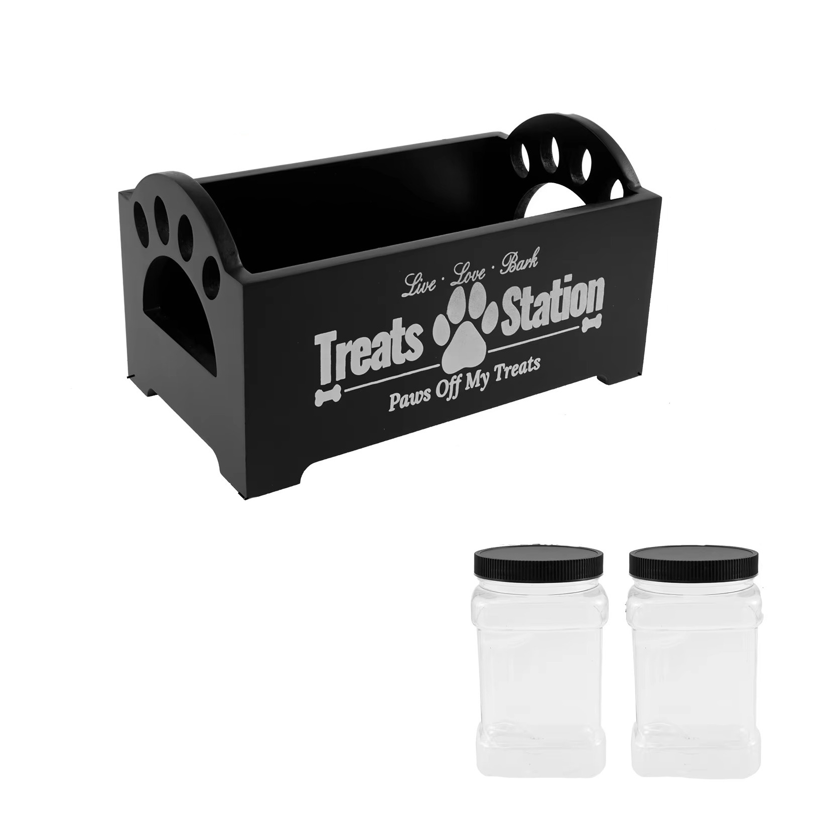 (3-tlg. Set) Tierfutter Behälter Snack Station Trockenfutter Vorrats Box Aufbewahrungs Organizer inkl. 2 Leckerli Dosen - Schwarz