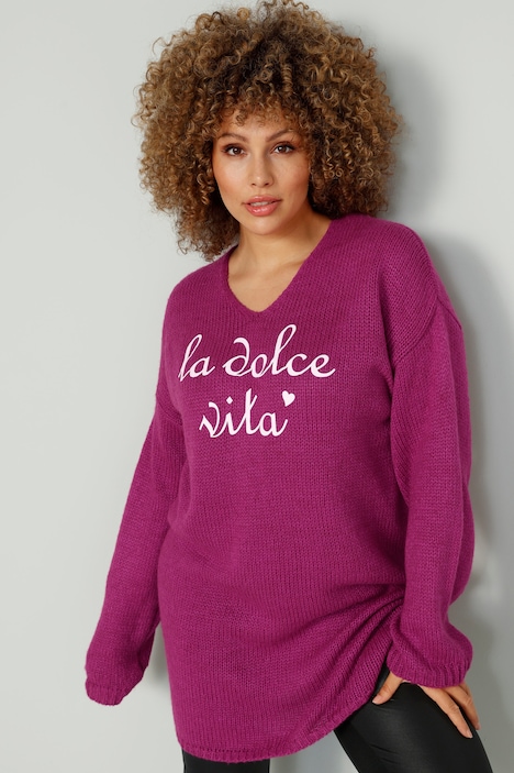 Long-Pullover, Schriftzug, V-Ausschnitt, Langarm
