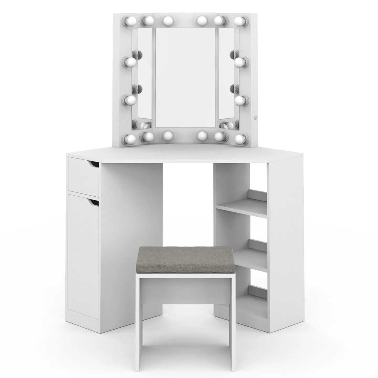 Coiffeuse d'angle ZELIA blanche 3 miroirs LED, 3 étagères, 1 tiroir, 1 caisson de rangement et tabouret