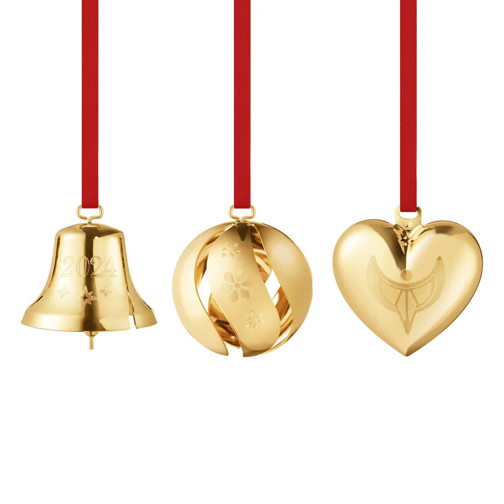 Georg Jensen  Julekugle, klokke og hjerte 2024, 3 pak - forgyldt