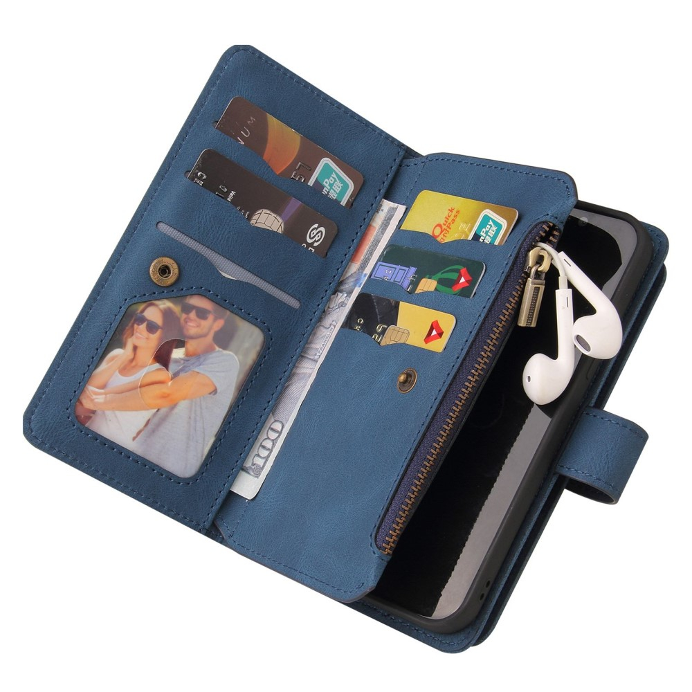 iPhone 14 Leder Wallet Etui Tasche mit 13 Kartenfächern   Münzfach - Blau