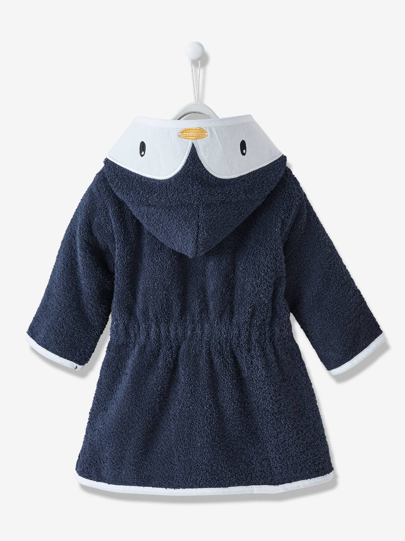 Roupão de bebê liso azul escuro com estampa de pinguim