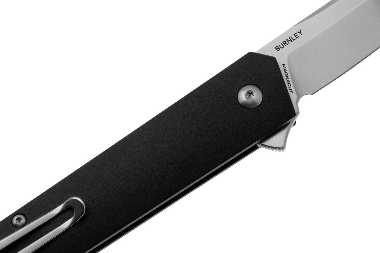Böker Manufaktur Kwaiken Compact Button Lock 110073 Satin MagnaCut, Black Aluminium, zakmes, Lucas Burnley design