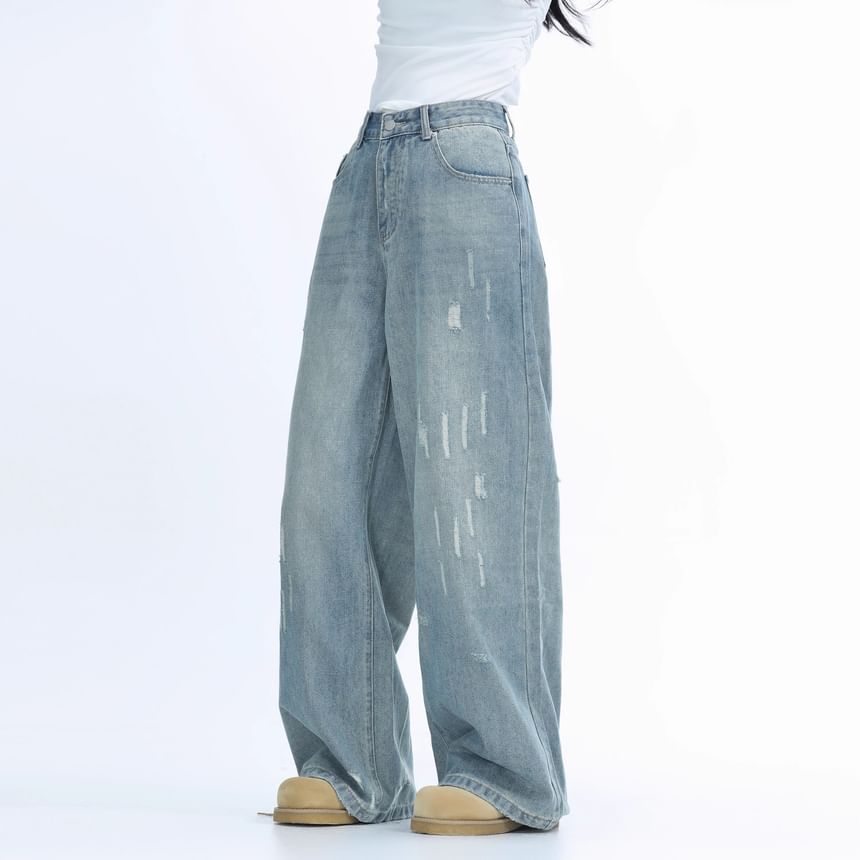 Rosesand - Hoge taille gewassen losse wijde jeans