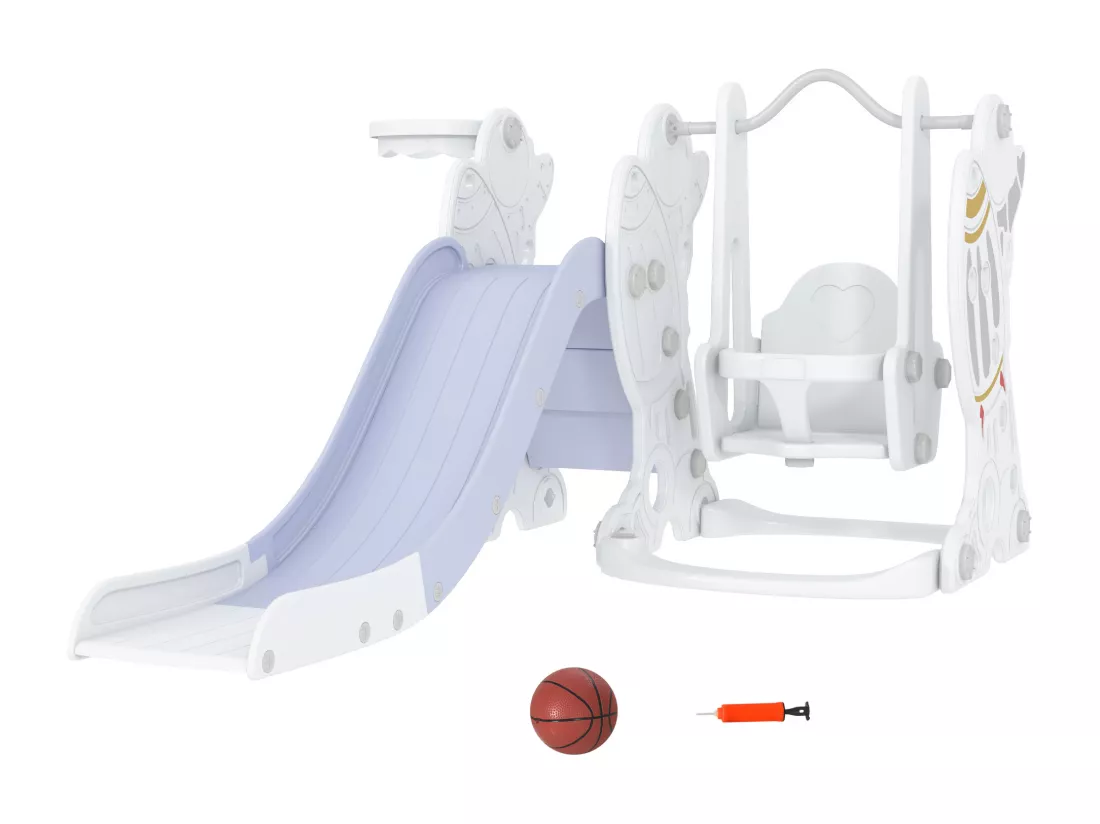 Portique enfant toboggan et balançoire avec panier de basket-ball - aire de jeux 3 en 1 - usage intérieur extérieur - blanc gris