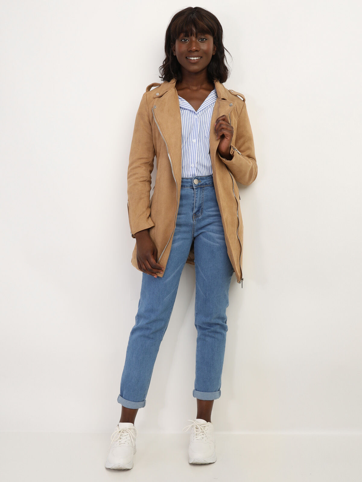 Veste mi-longue style biker en suédine- Marron clair